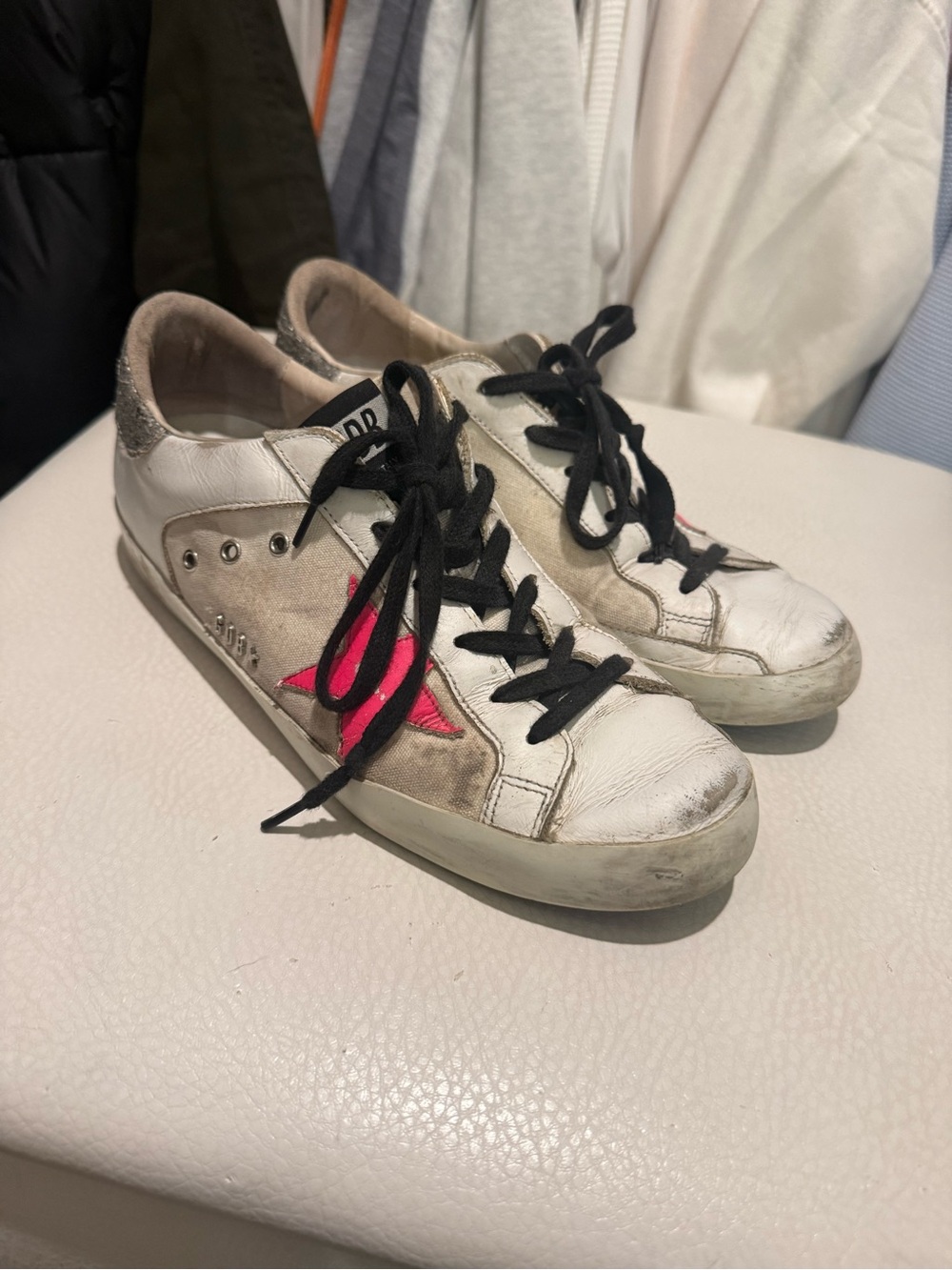 Golden Goose Superstar White Leather Sneakers with Pink Star and Black Laces
